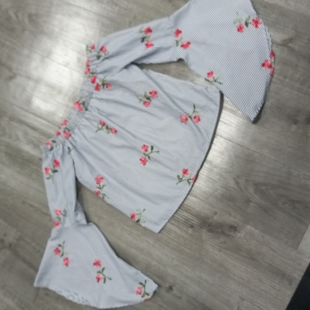 Altar'd State Navy Striped Top with Pink Floral Embroidery
